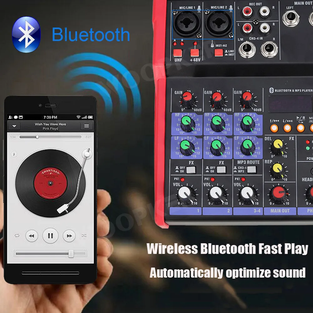 Аудио DJ микшер 4 канала консоль с беспроводным микрофоном смешивание звука Bluetooth