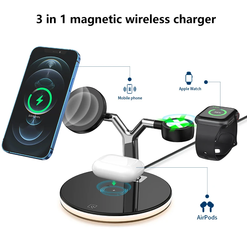

3 в 1, магнитное Беспроводное зарядное устройство 15 Вт для Apple Watch Airpods Pro, магнитная Беспроводная зарядная станция для iPhone 13 Pro 12ProMax 12Mini