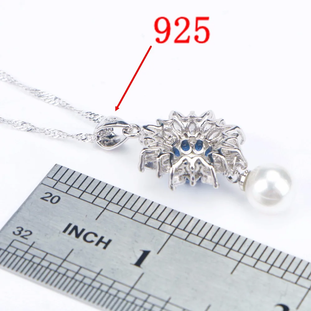 Женский комплект свадебных украшений с голубым цирконием и жемчугом серебро 925