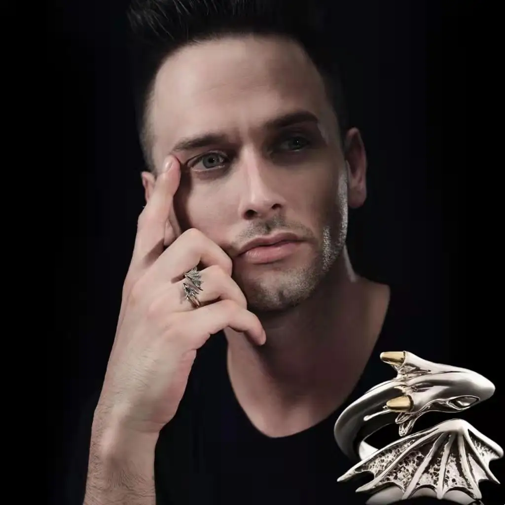 

925 Silver Retro Dragon Open Ring Fashion Punk Hip Hop Design Silver Dragon Wing Tail Ring Single Charm Men's Premium Jewelry