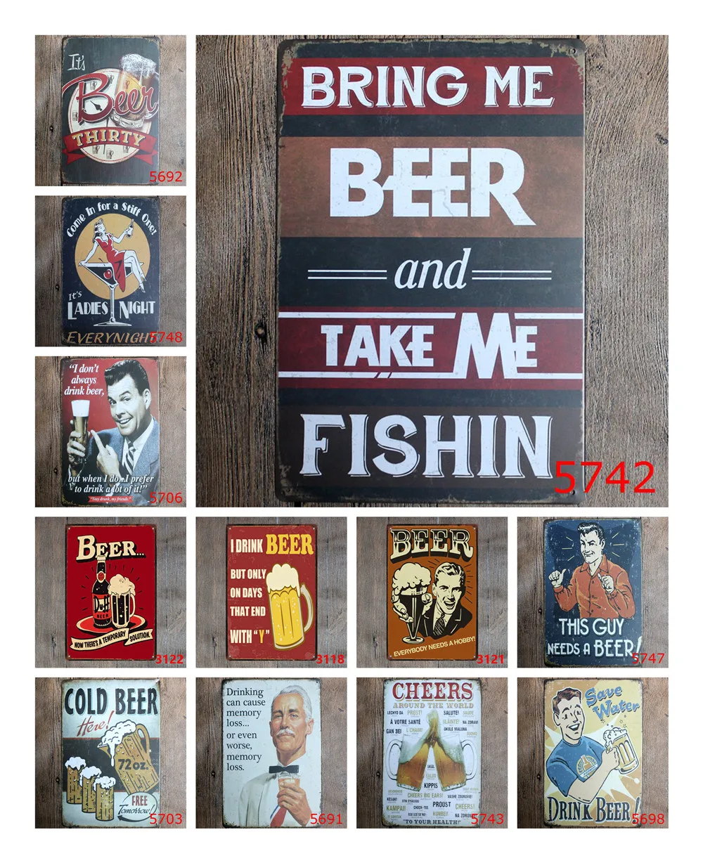 

Vintage Metal Plate of Bring Me Beer and Take Me Fishin It's Beer Thirty Cheers for Tiki Bar Pub Wall Iron Painting Decorative