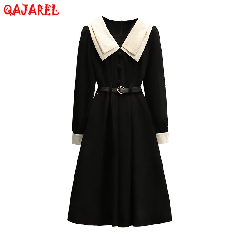 

Autumn Winter Black Corduroy Thick Warm Midi Dress Women Korean Vintage Hepburn Dress 2022 New Elegant Bodycon Office Lady Dress