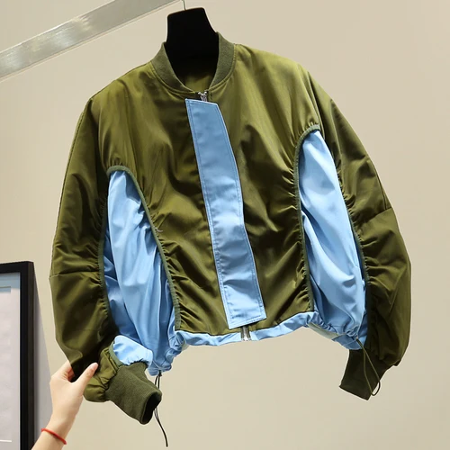 

Short Jacket for Women 2021 Spring Autumn Korean Style Loose Fashion Retro Color Matching Drawstring Waist Crop Coat Female