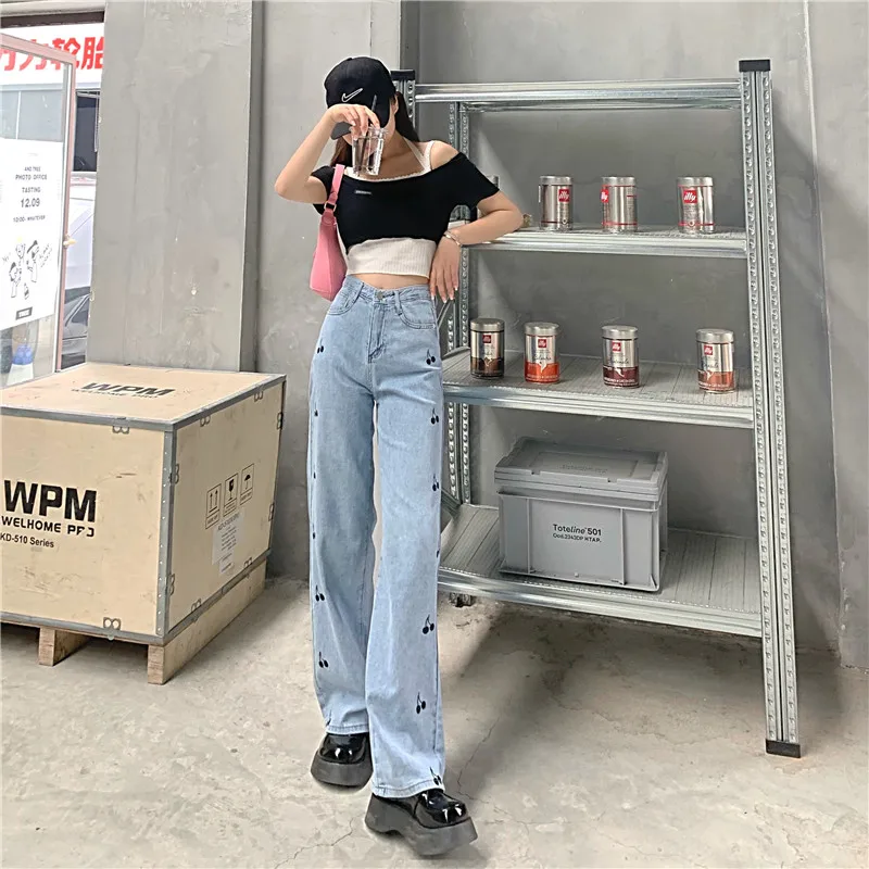 

New Spring Fashion Higt Street Women Jeans Y2k Kawaii Cherry Print Thin Denim Female Hipster Loose Punk Jean Trousers Mujer