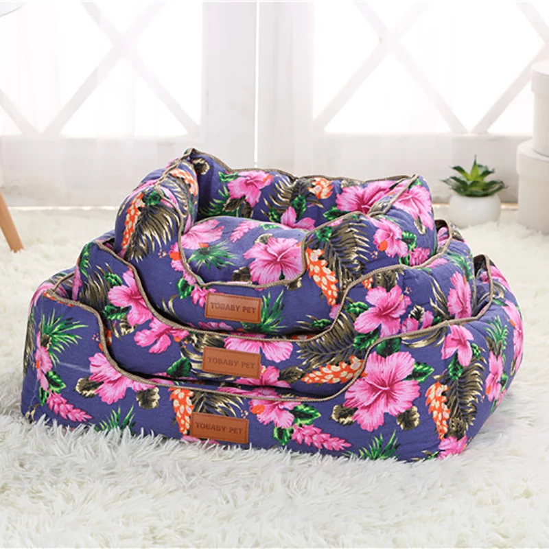 

New Pastoral Style Pet Dog Bed Print Doghouse Comfortable Cat Bed Pet Cat Sofa Broken Flowers Pattern Kennel Deep Sleep Supplies