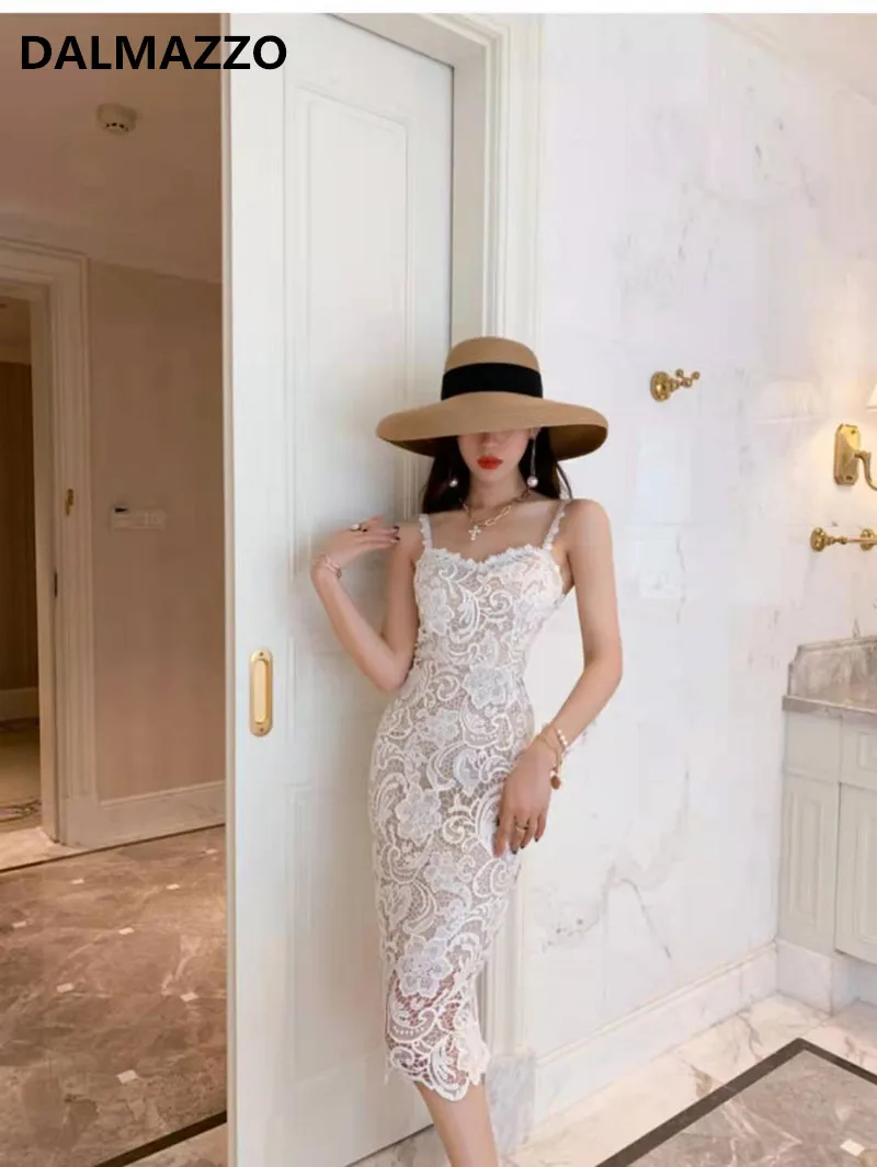 

DALMAZZO новые модные женские летние платья белые кружевные на тонких бретельках без рукавов праздничные тонкие ягодицы длинные платья