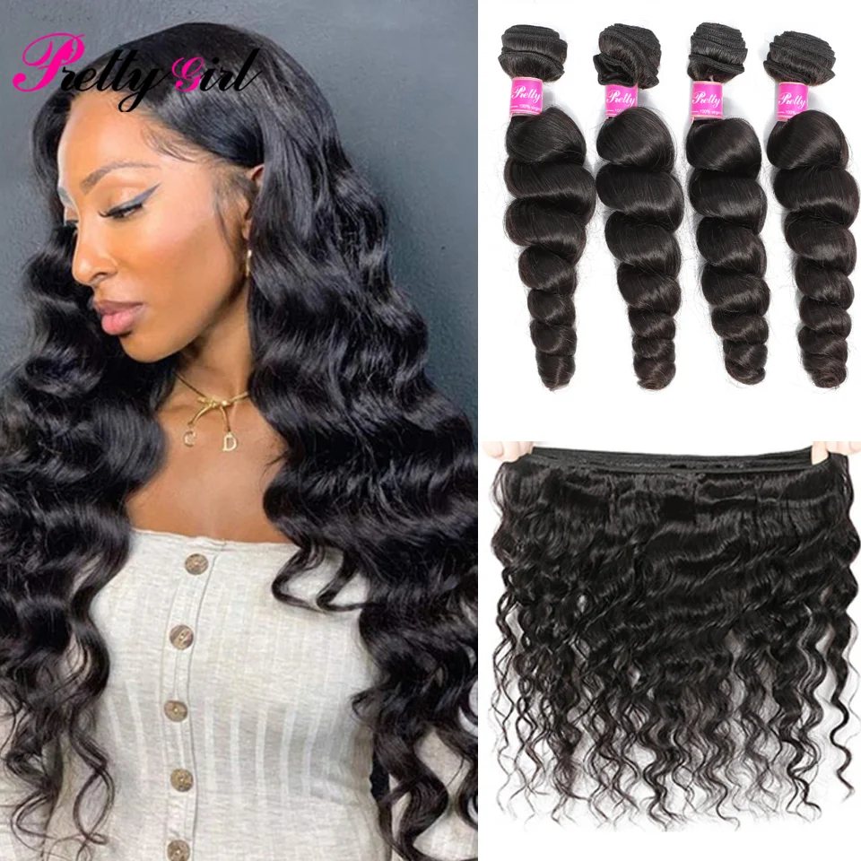 

Peruvian Loose Wave Hair Bundles Hair Weave Bundles 100% Remy Human Hair Extensions Natural Black 1/3/4 PC Double Weft For Hair