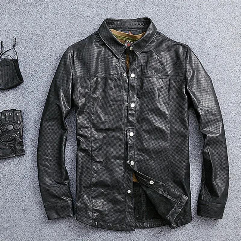 Мужская рубашка из натуральной кожи повседневная однобортная с длинным рукавом