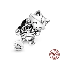 925 sterling silver naughty cat playing with ball line beads charms fit original braceletbangle making diy jewelry for women