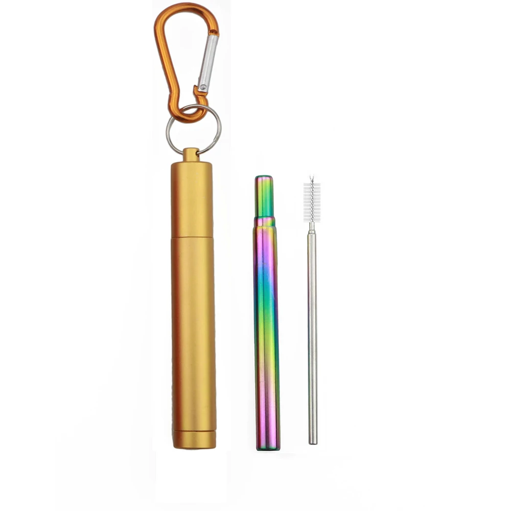 gold rainbow 18/10 Нержавеющая сталь телескопическая Питьевая солома портативная металлическая соломинка для путешествий Складная солома с соломенным ведром и щеткой - Цвет: gold rainbow