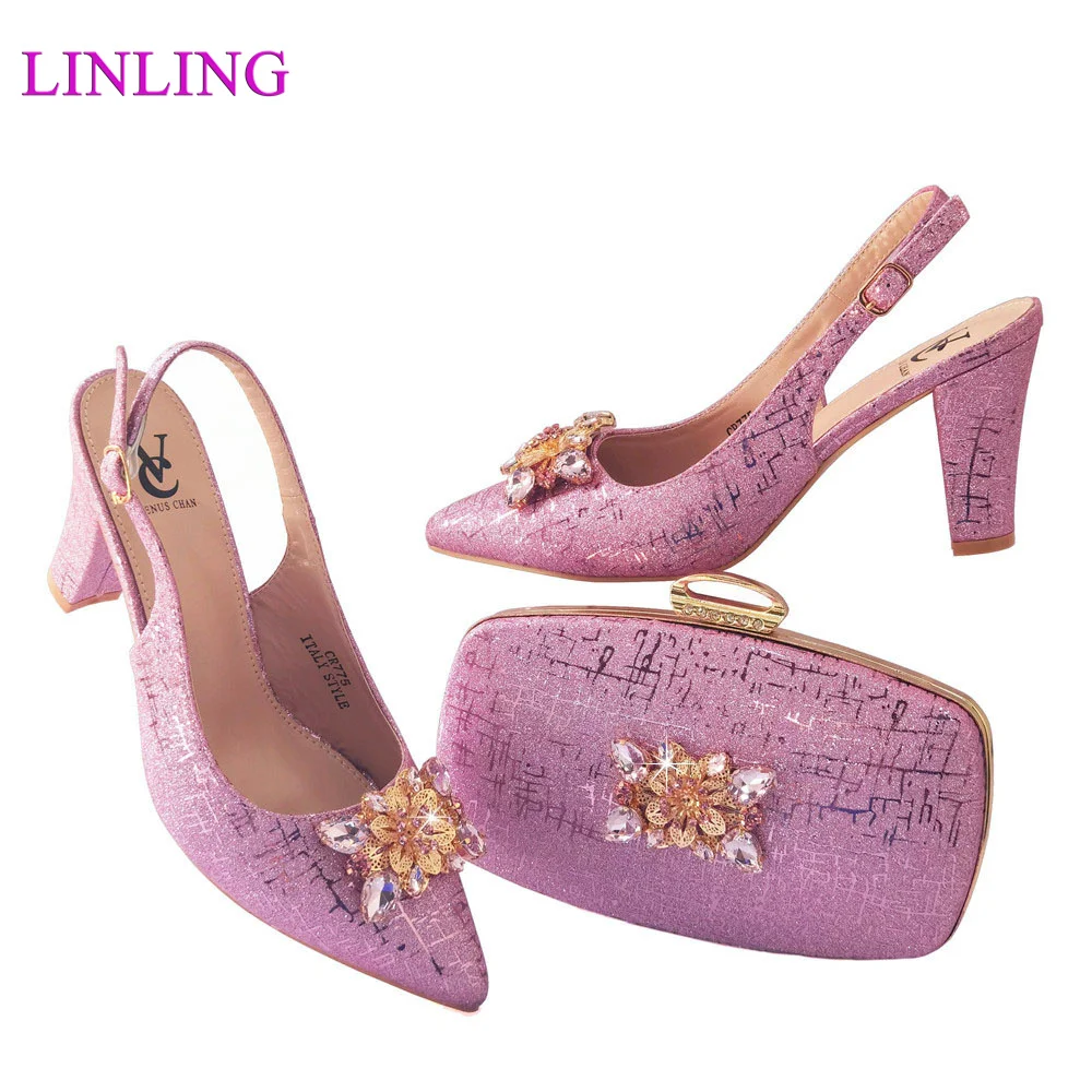 

2022 Slingbacks Sandals Matching Bag Sexy Style Nigerian Women Shoes with Shinning Crystal for Garden Party in Pink Color