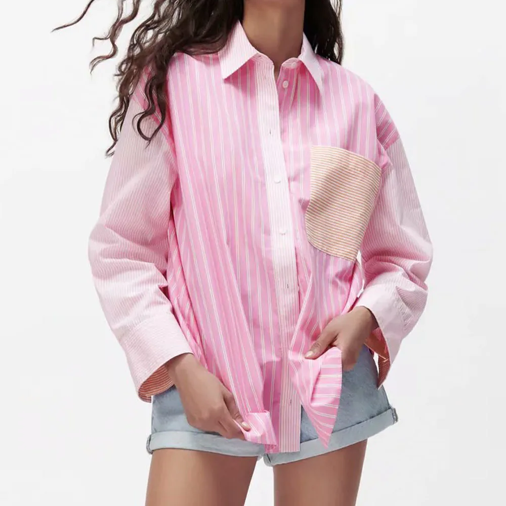 

Женская блузка в полоску Za, свободная Асимметричная винтажная рубашка из поплина на пуговицах с длинным рукавом, шикарные топы, новинка 2021