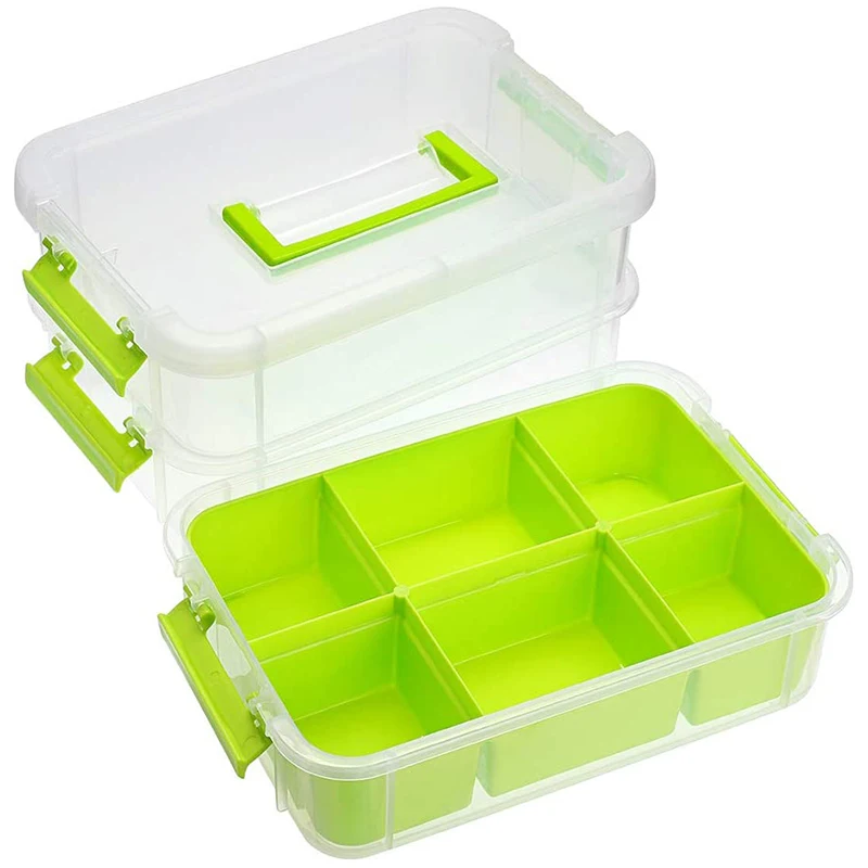 

3-Tiers Stack Carry Storage Box with Divided Tray, Transparent Stackable Storage Bin with Handle Lid Latching Green