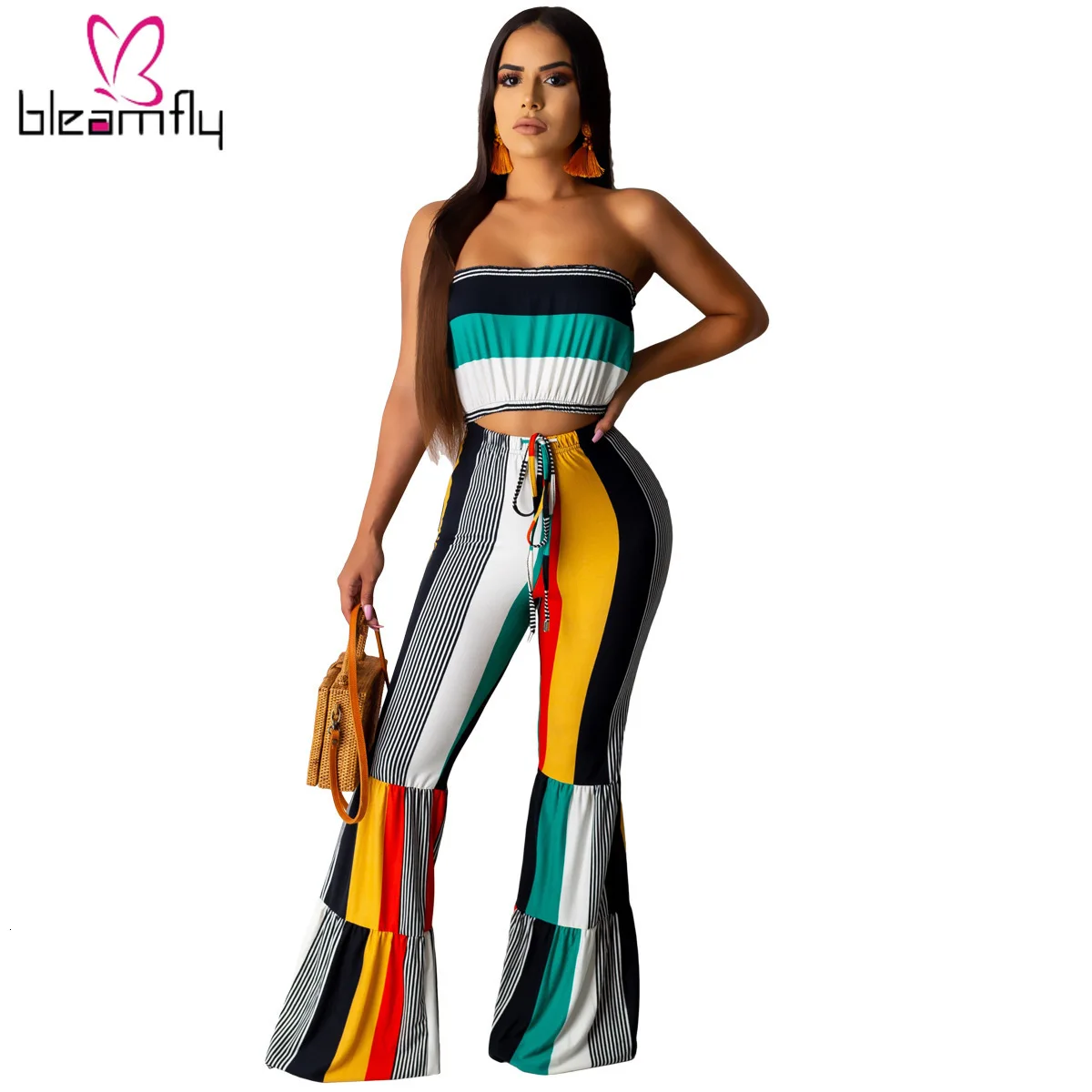 2019 женский летний Цветной полосатый Топ без бретелек и брюки клеш костюм из двух