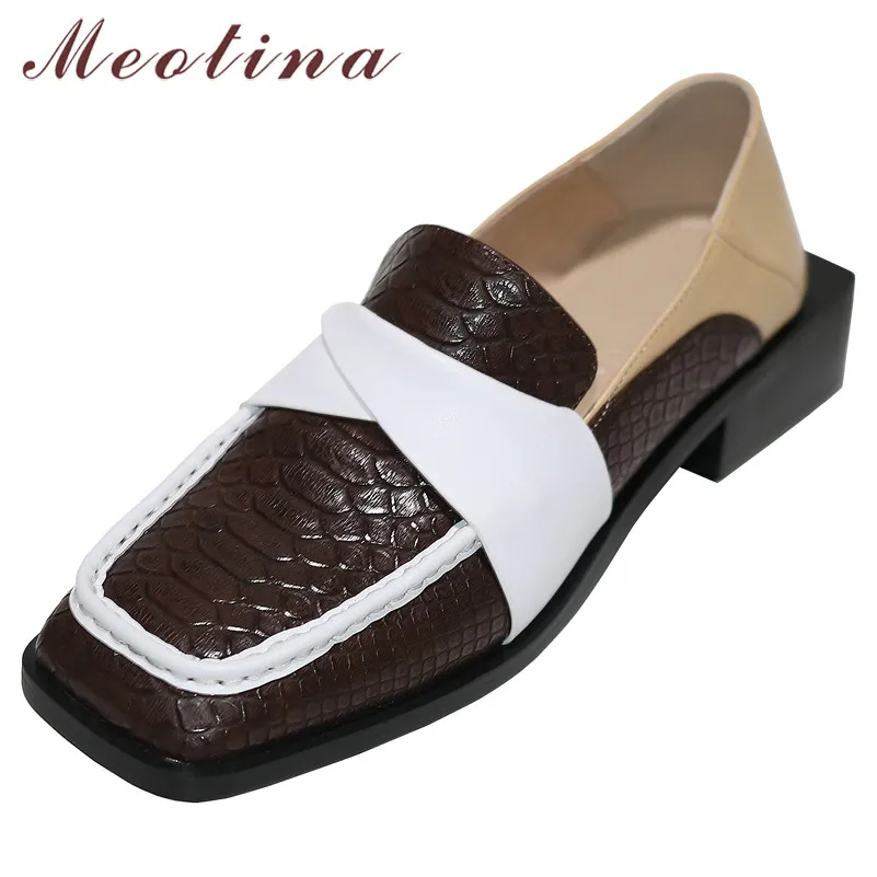 

Meotina High Heels Women Pumps Natural Genuine Leather Block Heels Loafers Shoes Real Leather Square Toe Shoes Ladies Size 34-40