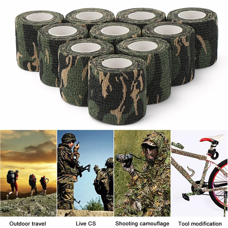 10 Rolls Outdoor Tool Camouflage Tape Camo Wrap Self-Adhesive Tapes Protective Non-Woven Fabric Stretch Bandage