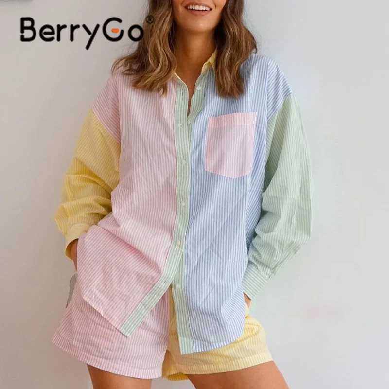 

BerryGo Autumn High Street Stripes Women Tops Lapel Collar Pocket Ladies Casual Shirt Full Regular Sleeves Female Loose Shirt
