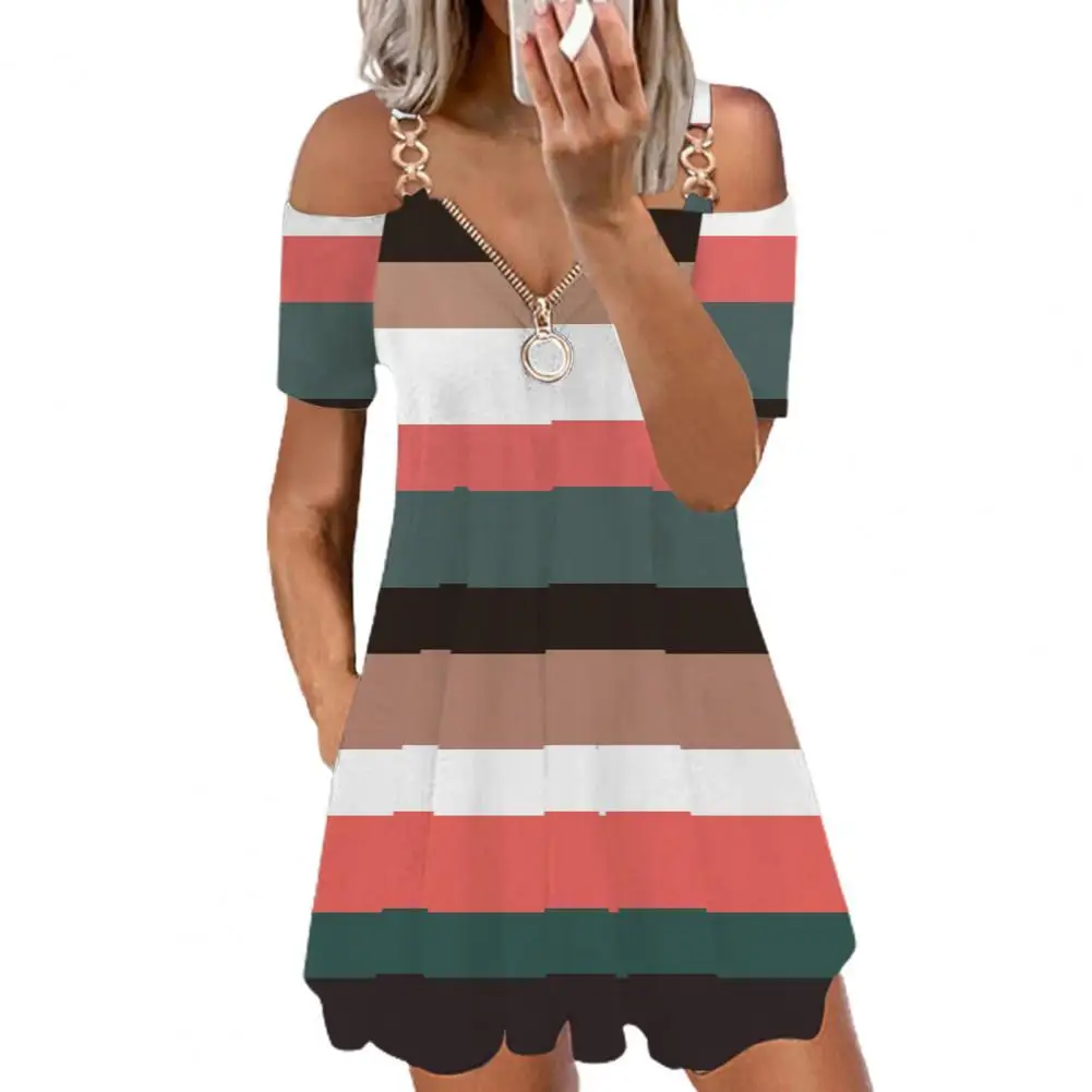 

Mini Dress Feather Print V Neck Women Metal Ring Sling Zipper Dress for Daily Wear