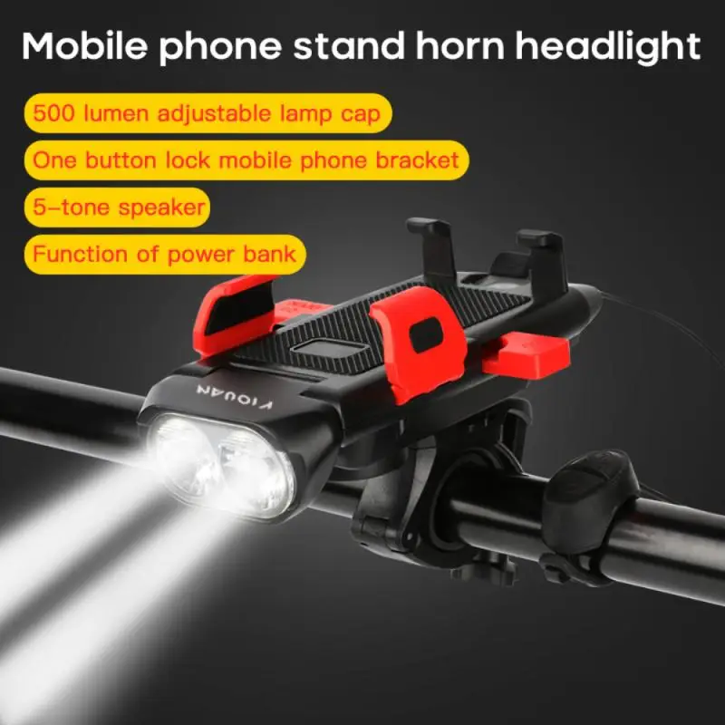 

Multi-function 4 In 1 Bike Light USB Rechargeable LED Bicycle Headlight MTB Horn Phone Holder Powerbank Cycling Lights