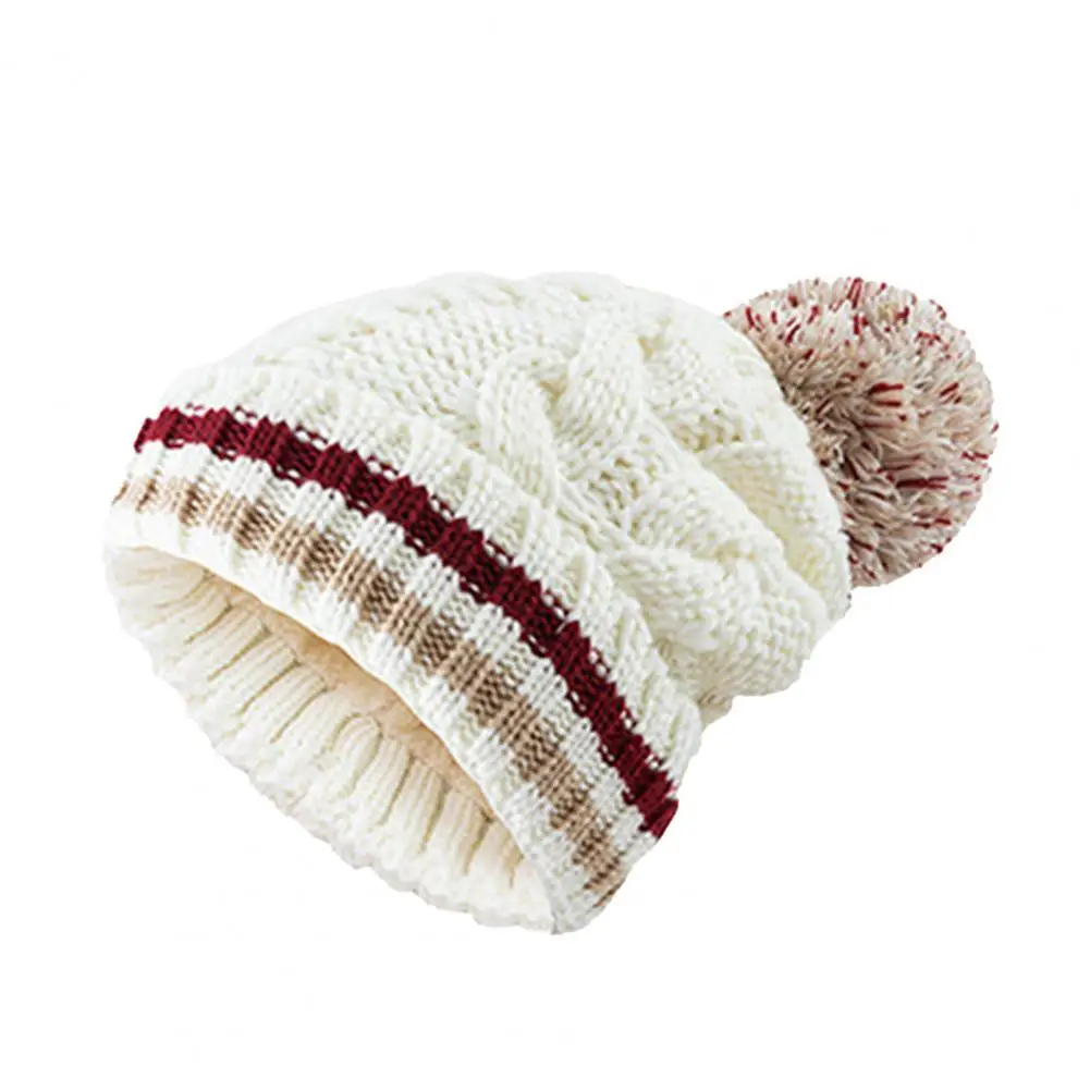 

Hat Women Winter Pompom Striped Woolen Yarn Twist Knitted Plush Warm Beanie Hat Cap