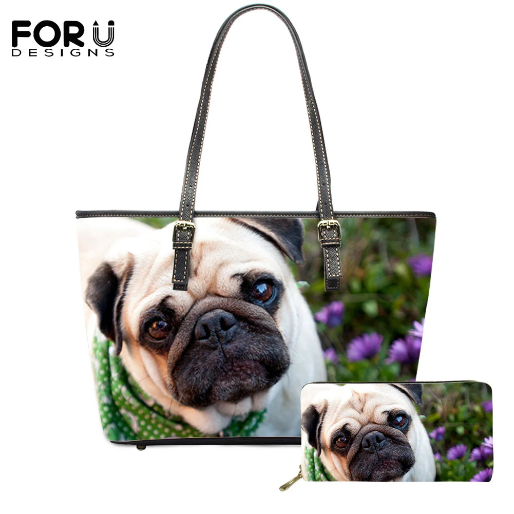 

FORUDESIGN 2Pcs Handbag Women's Leather Tote Wallet Cute Dog On Lawn Design High Capacity PU Big Bag Tote Shopping Shoulder Bag