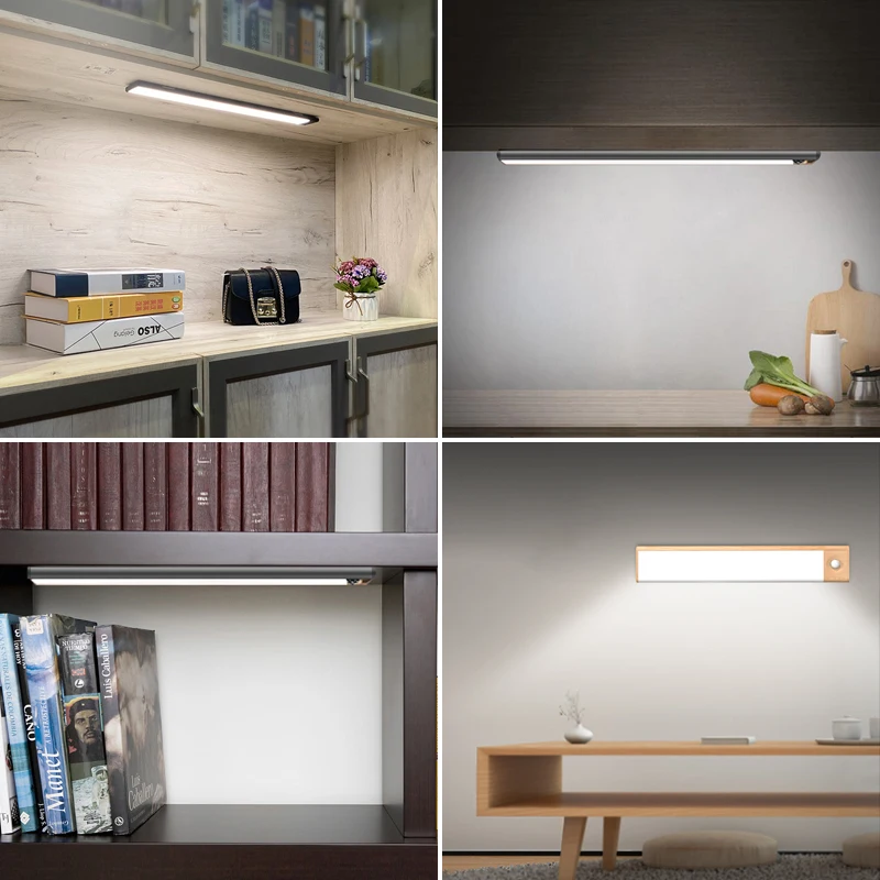 wood grain ultra thin led motion sensor under cabinet lights type c usb charging night lamp for kitchen closet wardrobe corridor free global shipping