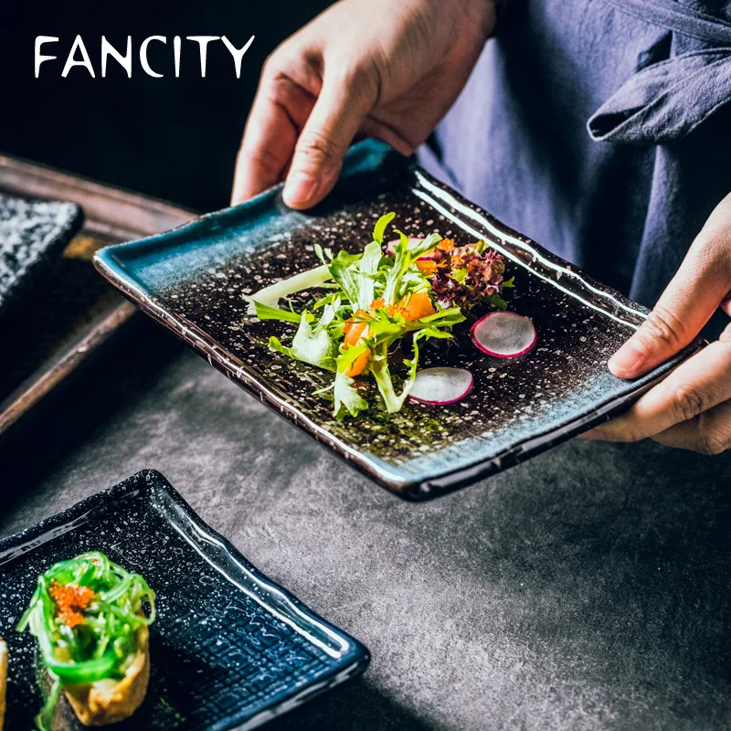 

FANCITY драгоценный камень синяя квадратная пластина, прямоугольная керамическая пластина, снэк-тарелка, креативные закуски плоские, столовые приборы