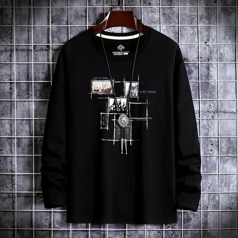 

2021 Autumn Men's Clothing 100% Cotton O-Neck Long-sleeved T-shirts Men Cartoon Print Street Casual Hip-Hop Sports T-shirt Men