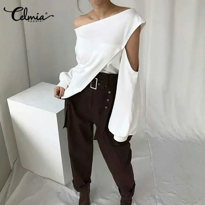 Модная Летняя женская блузка с длинным рукавом фонариком однотонная