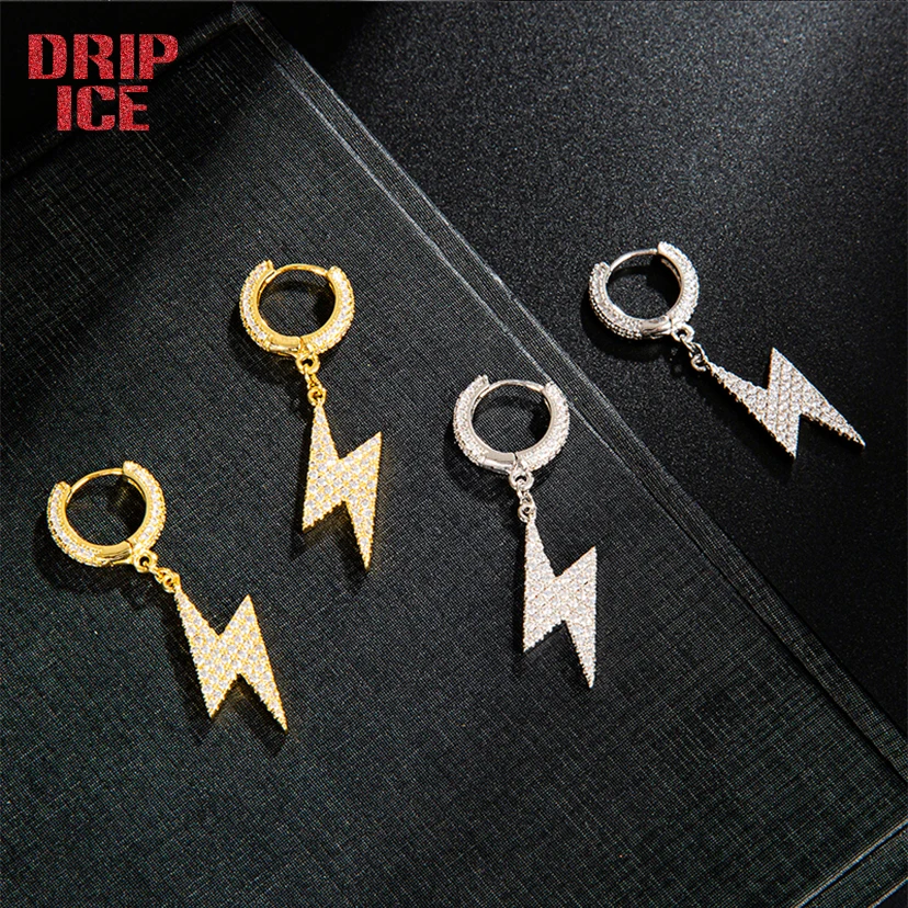 

DRIP ICE Hip Hop Bling Iced Out Cubic Zirconia Lighting Micro Paved Gold Color Copper Pendiente Earrings Unisex Jewelry