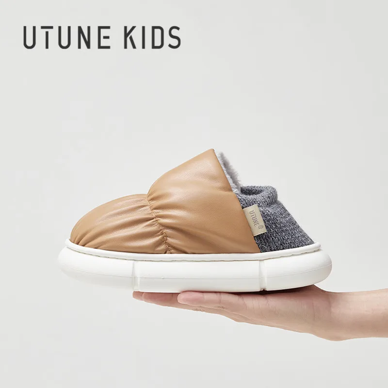 

UTUNE KIDS Toast Slippers Children winter Kids Shoes For Girls Boys Warm Plush PU Non-slip Slipper Heel Wrap House Flat