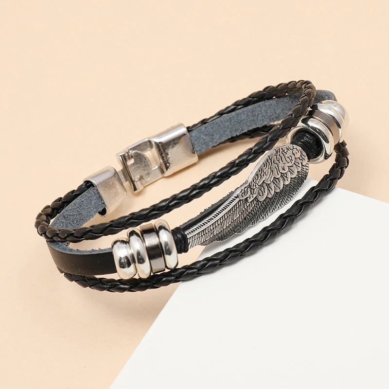 Fashion Punk Black Men Bracelet Vintage Multilayer Feather Angel Wing Charm Braided Leather Rope Chain Bangle Wristbands Jewelry | Украшения
