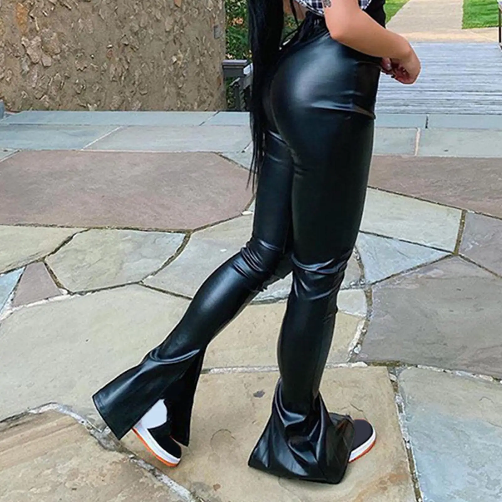 

Брюки женские черные из искусственной кожи, с разрезом по бокам, эластичные, с высокой талией, тонкие, осень 2020