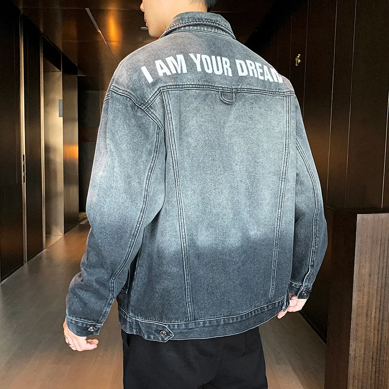 

2020 men's autumn tide new style lapel gradient casual denim jacket teen letter print denim jacket
