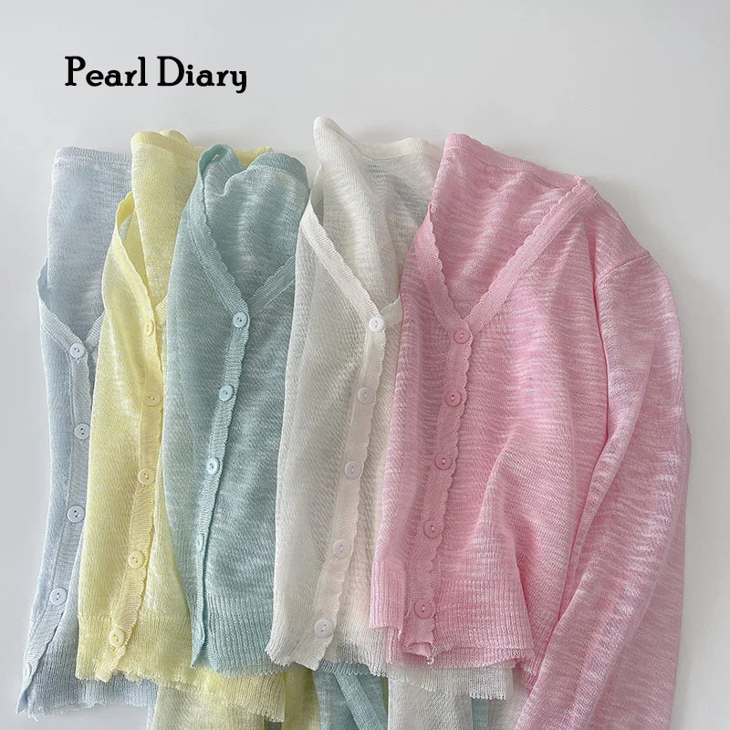 

Pearl Diary Women Cotton Slub Sheer Cardigans Buttons Front Candy Color Summer Beach Cover Up With Picot Edge Long Sleeve