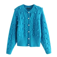 women 2021 fashion faux pearl buttons pom pom knitted cardigan sweater vintage long sleeve female outerwear chic tops knitted