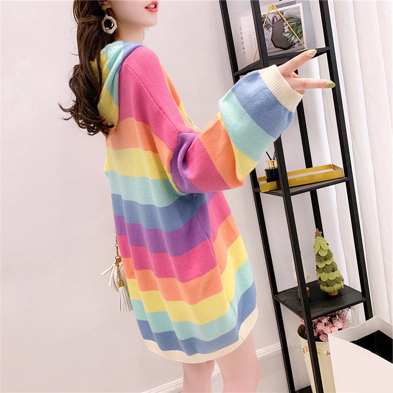 Женский милый полосатый свитер шикарные пуловеры с радугой милые капюшоном Sueter