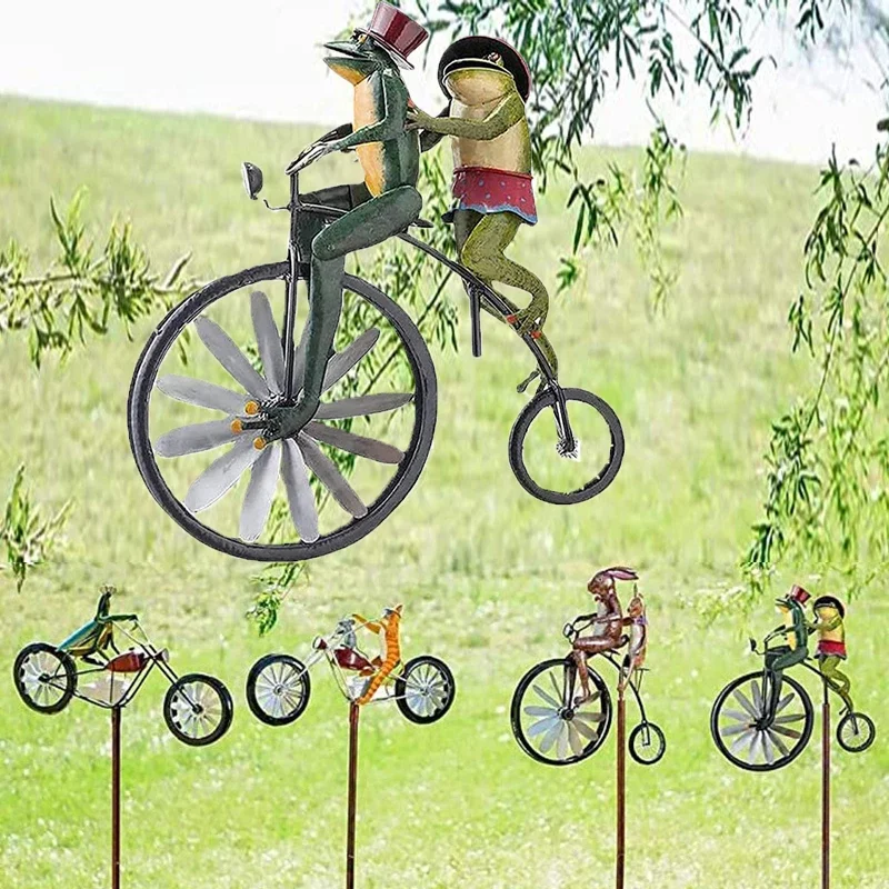 

Frog Riding Motorcycle Vintage Bicycle Metal Wind Spinner Animal Bike Windmill Metal Stake For Garden Decoration Outdoor Decor