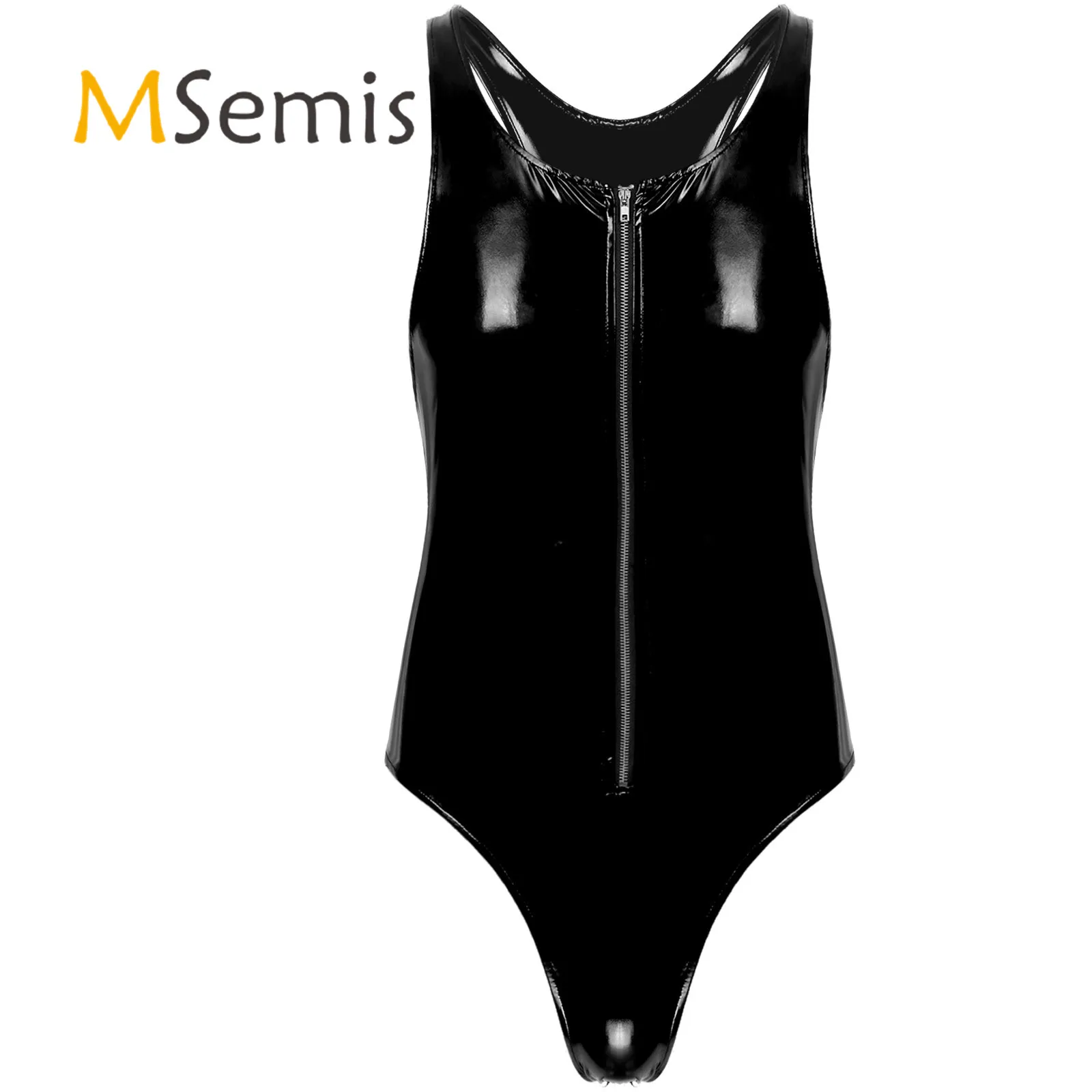 

Swimwear Mens Swimsuit Glossy U Neck Sleeveless One-piece Bodysuit Rompers Wet Look Patent Leather Zipper Leotard Clubwear