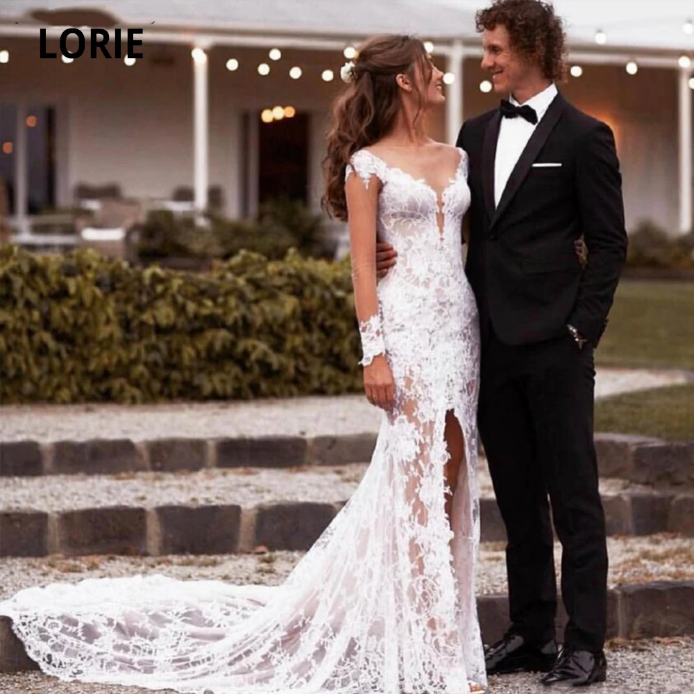 

LORIE Elegant Lace Wedding Dresses Mermaid 2020 Boho Bride Gown Beach Country Wedding Gown Vintage Court Train Split Plus Size