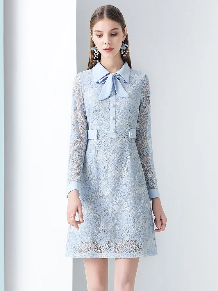 Only Plus Spring Autumn Women Lace Midi Dress Sky Blue Patchwork Bow Collar Runway Embroidery Party Elegant Dresses | Женская одежда