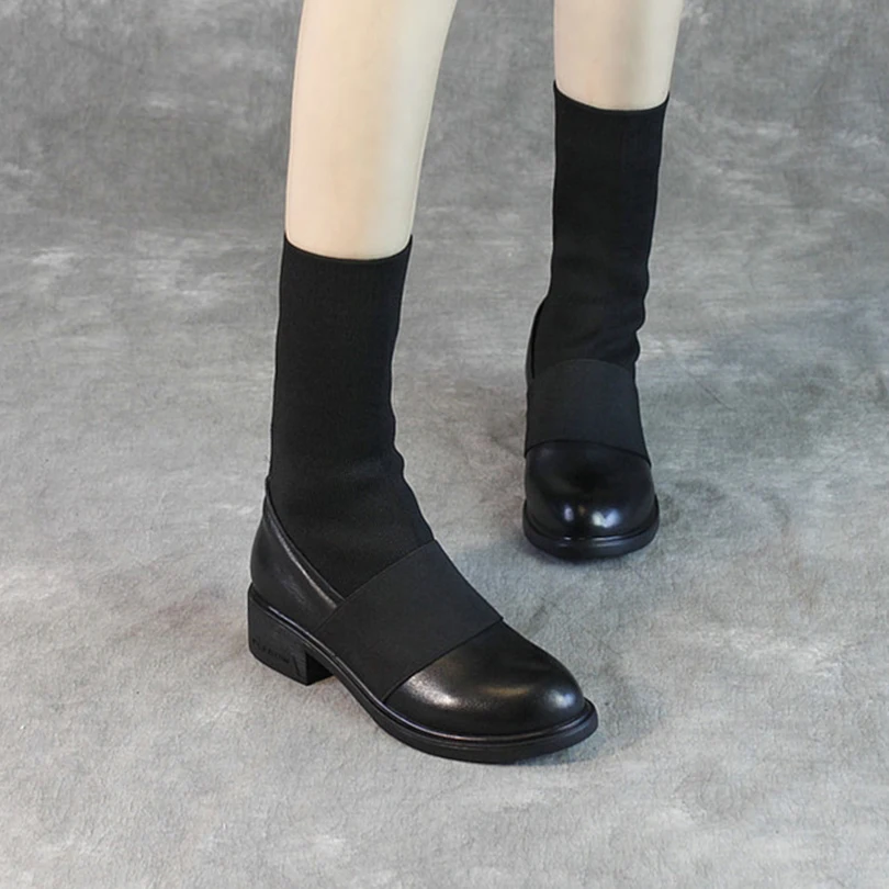 Женские ботинки из натуральной кожи черные до щиколотки вязаные сшитые каблуки