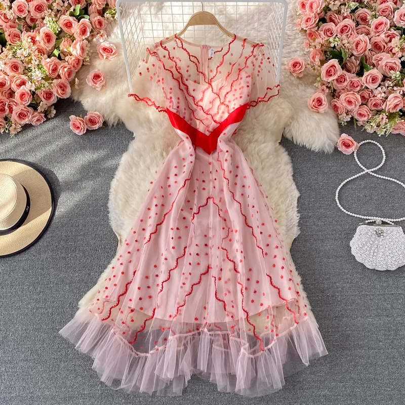 

V-neck Floral Pink mesh dress with flared sleeves in summer