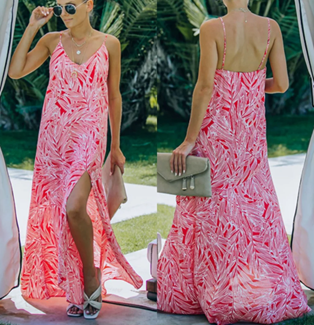 

Woman Dress Bohemia Maxi Dress Loose Sling Dress Leaf Print Irregular Side Slits Sexy Dress Ladies Summer Light Dresses 2021