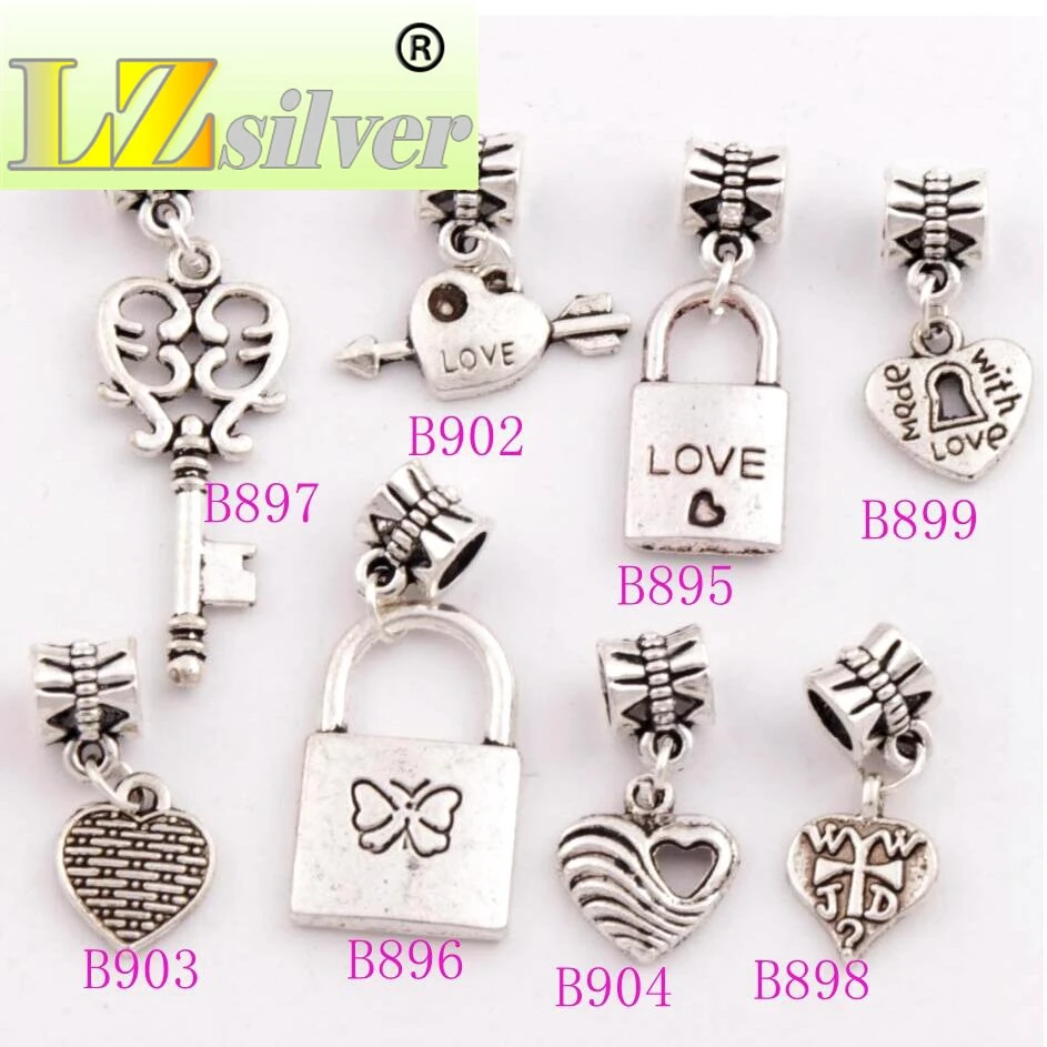 Love Heart Locket Keyhole Heart Charm Beads mixed 80pcs zinc alloy Dangle Fit European Bracelets BM29