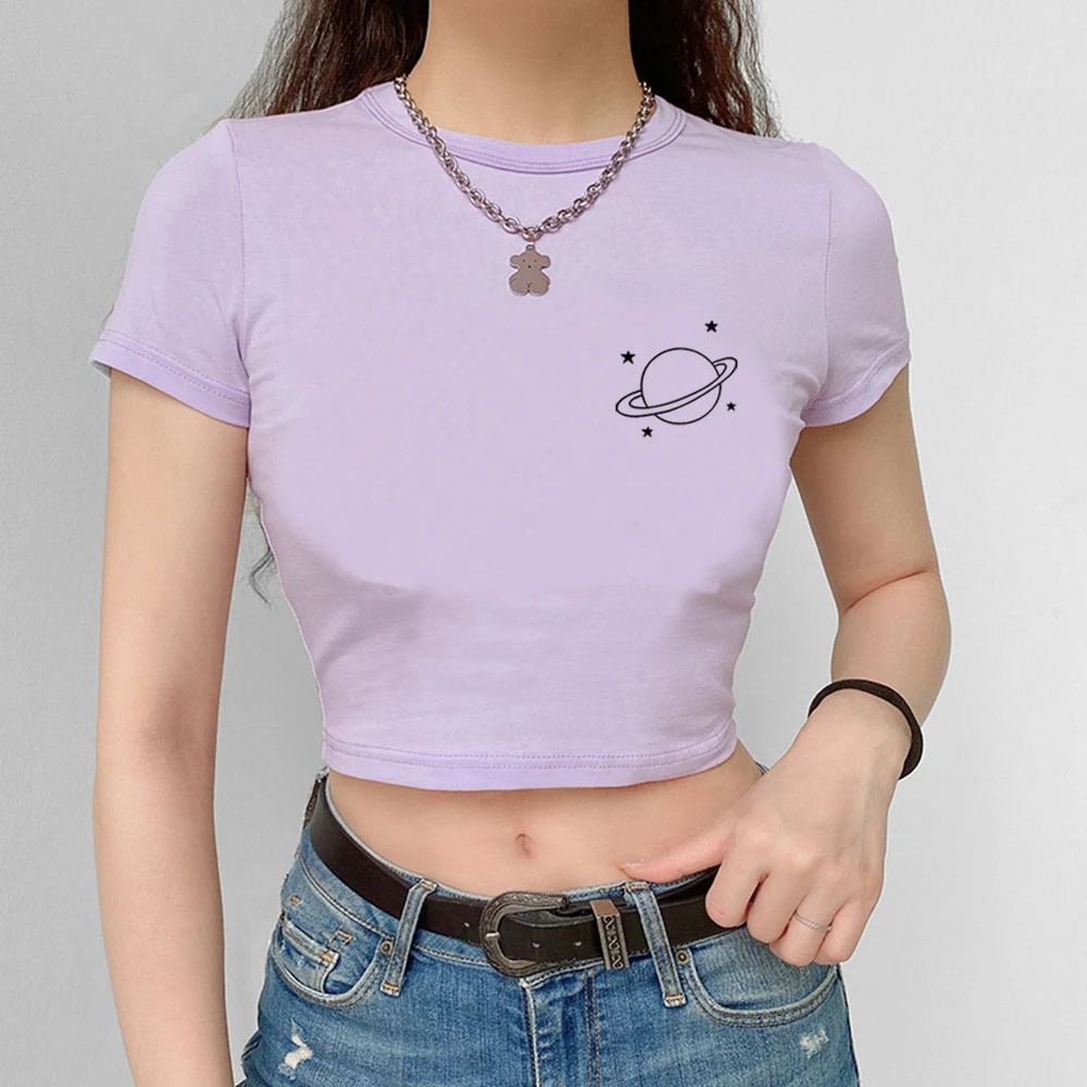 

Summer Tee Shirt Femme Women Tshirt Casual Planet Printed Short Sleeve Top Crop Tops Shirt Black Camisetas Verano Mujer