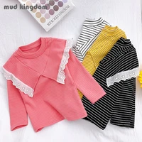 mudkingdom little girls undershirts striped lace ruffle long sleeve elastic cotton tops for toddler drop shoulder casual clothes