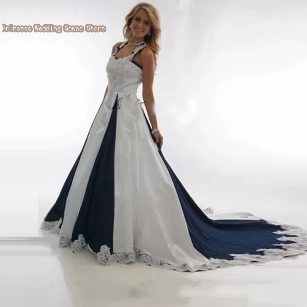 

Vintage Navy Blue and White Country Cheap Wedding Dresses 2021 Halter Lace-Up Stain Western Cowgirls