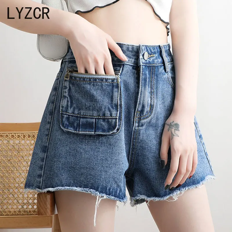 

LYZCR Denim High Waist Women's Shorts Jeans Feminino Wide Leg Shorts for Women Fashion Pocket Zipper Denim Short Shorts Summer