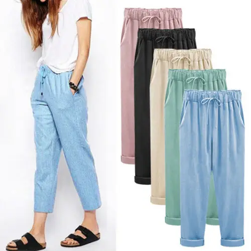 

Ladies Wide Leg Trousers Women Cotton Linen Baggy Harem Pants Plus Size
